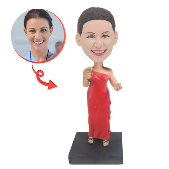 Custom Female Singer In Red Dress Bobblehead