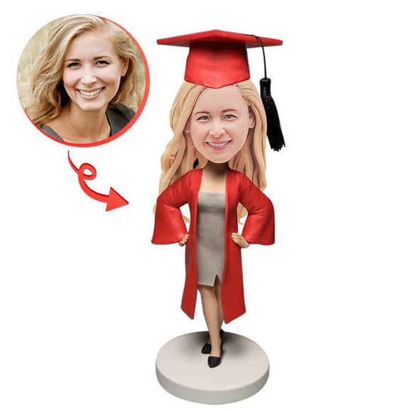 Custom Female Graduate In Red Gown Bobblehead