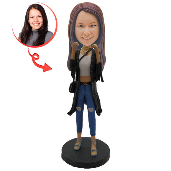 Jeans Lady Wearing Black Coat Custom Bobblehead