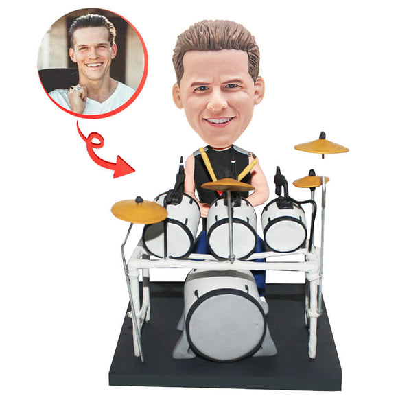 A Drummer Seated Behind Full Drum Set Custom Bobblehead