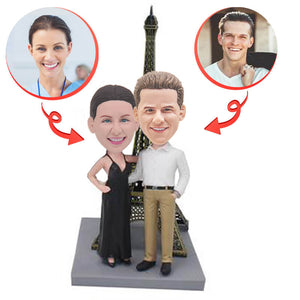 Anniversary Couple In Front Of The Eiffel Tower Custom Bobbleheads