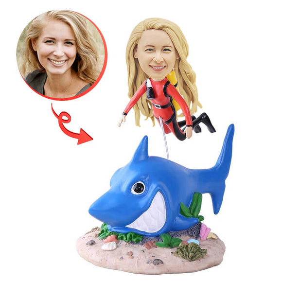Custom Red Wetsuit Scuba Diver With Shark Bobblehead