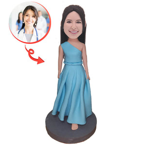 Custom Beautiful  Girl in Blue Dress Bobblehead