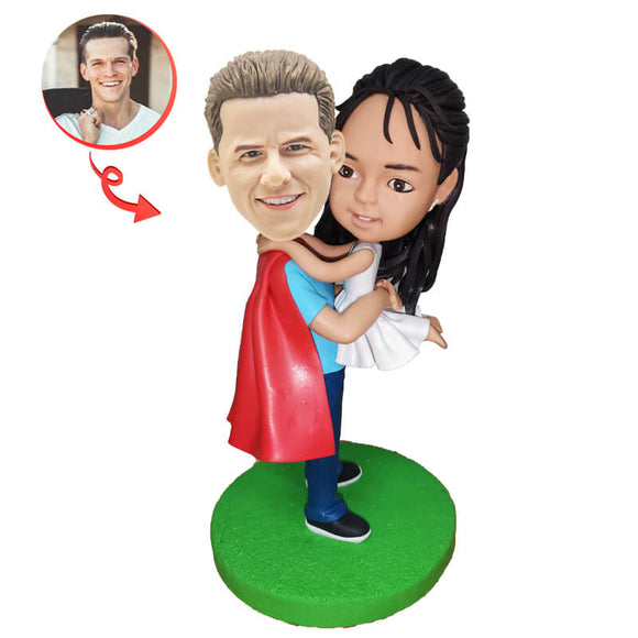 Super Dad Hugging Cute Daughter Custom Bobblehead