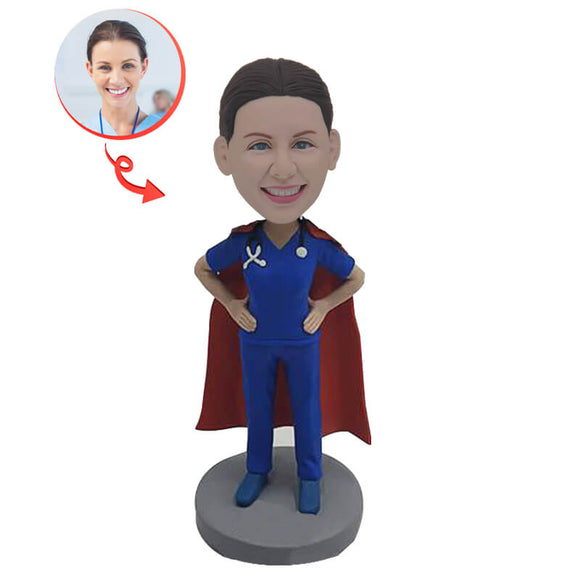 Super Female Doctor In Blue Uniform Custom Bobblehead