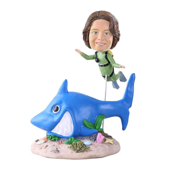 Custom Green Wetsuit Scuba Diver With Shark Bobblehead